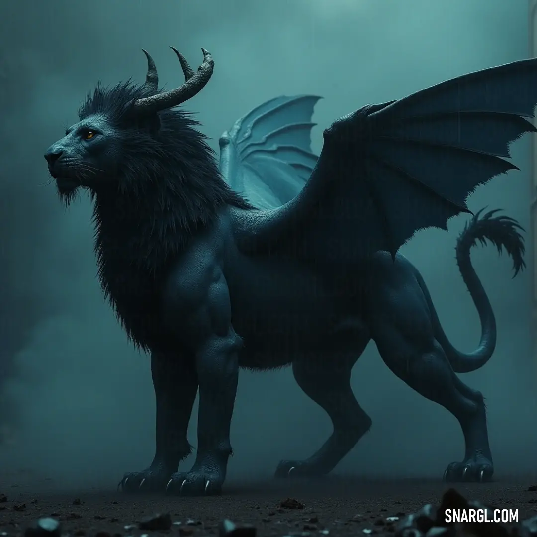 A striking black mantira, adorned with grand wings and sharp horns, stands amidst the rain, with an ancient building shrouded in mystery behind it, embodying resilience and raw elegance. A powerful black mantira with majestic horns and expansive wings stands resolutely in the rain, the shimmering droplets accentuating its fierce beauty. In the background, a weathered building looms, hinting at stories of old against the stormy atmosphere.