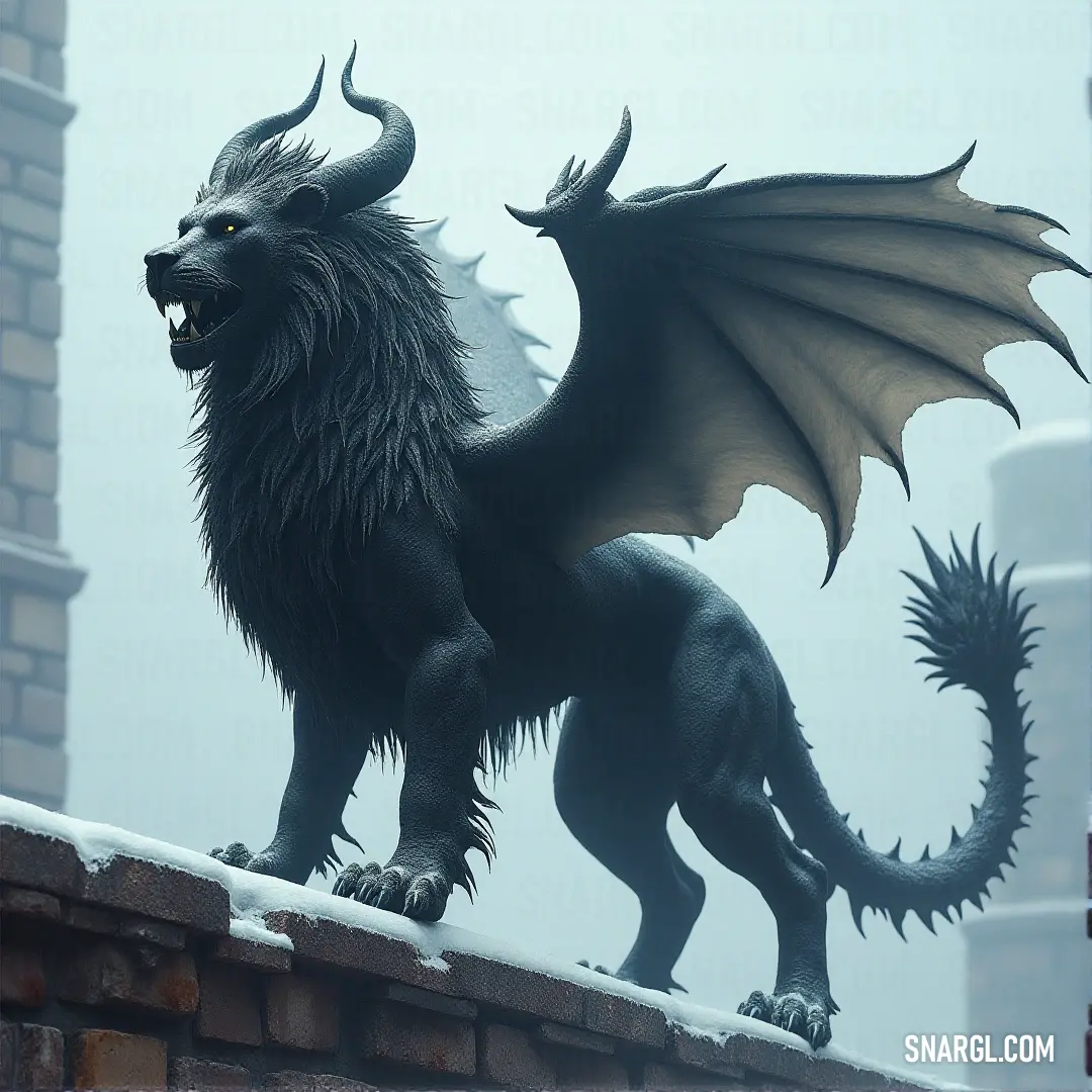 A majestic black Mantira statue perched on top of a brick building, contrasting against a vast blue sky that stretches endlessly above.