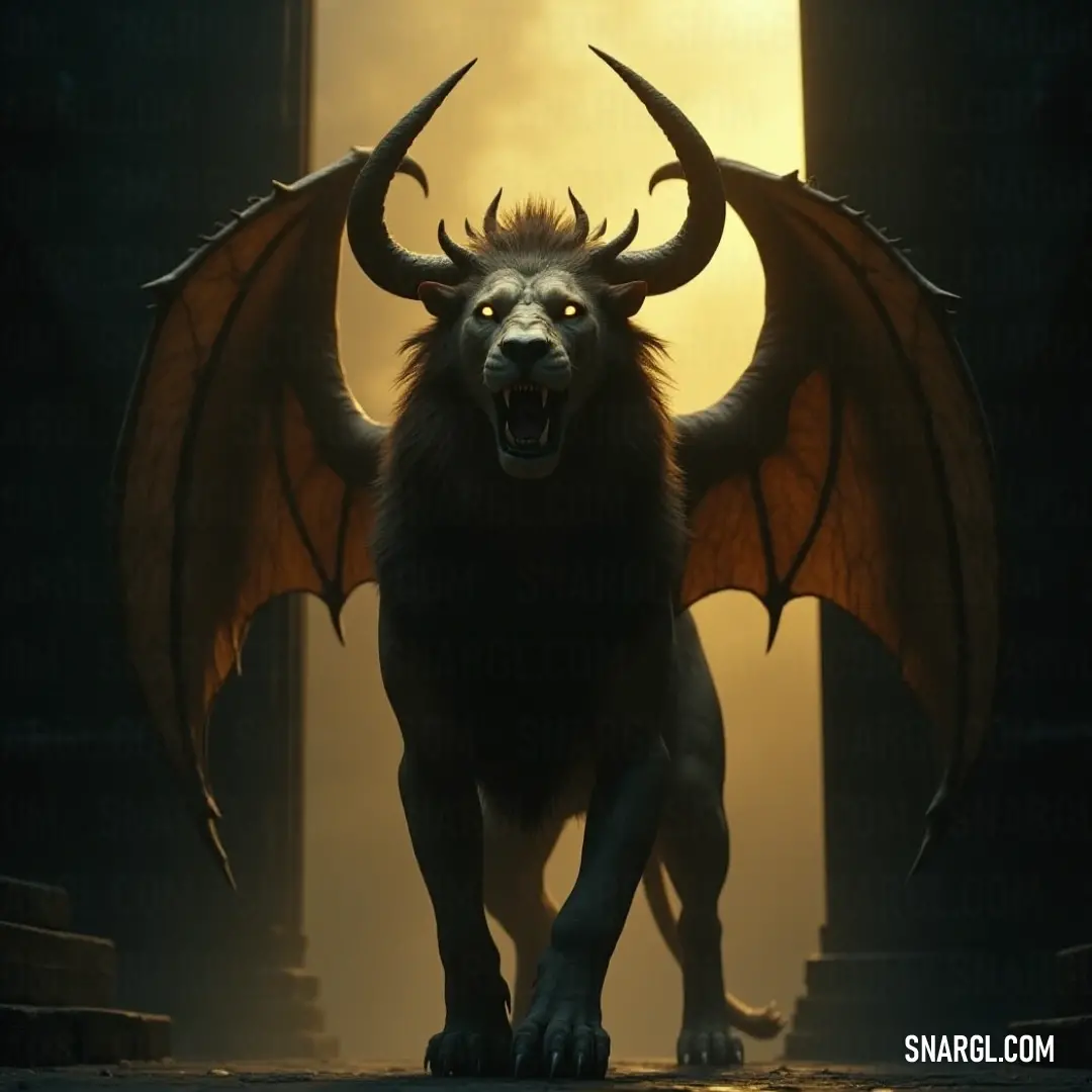 A towering Mantirok with massive horns strides through a dark city, its silhouette illuminated by the glow of nearby lights. The contrast of light and shadow creates a dramatic, urban atmosphere.