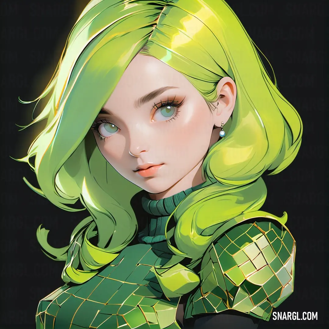 Digital painting of a woman with green hair and a green dress with a diamond pattern on it's chest