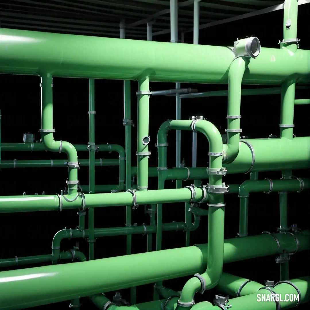 Green pipe system with several pipes and valves on it's sides and a black background. Example of Mantis color.