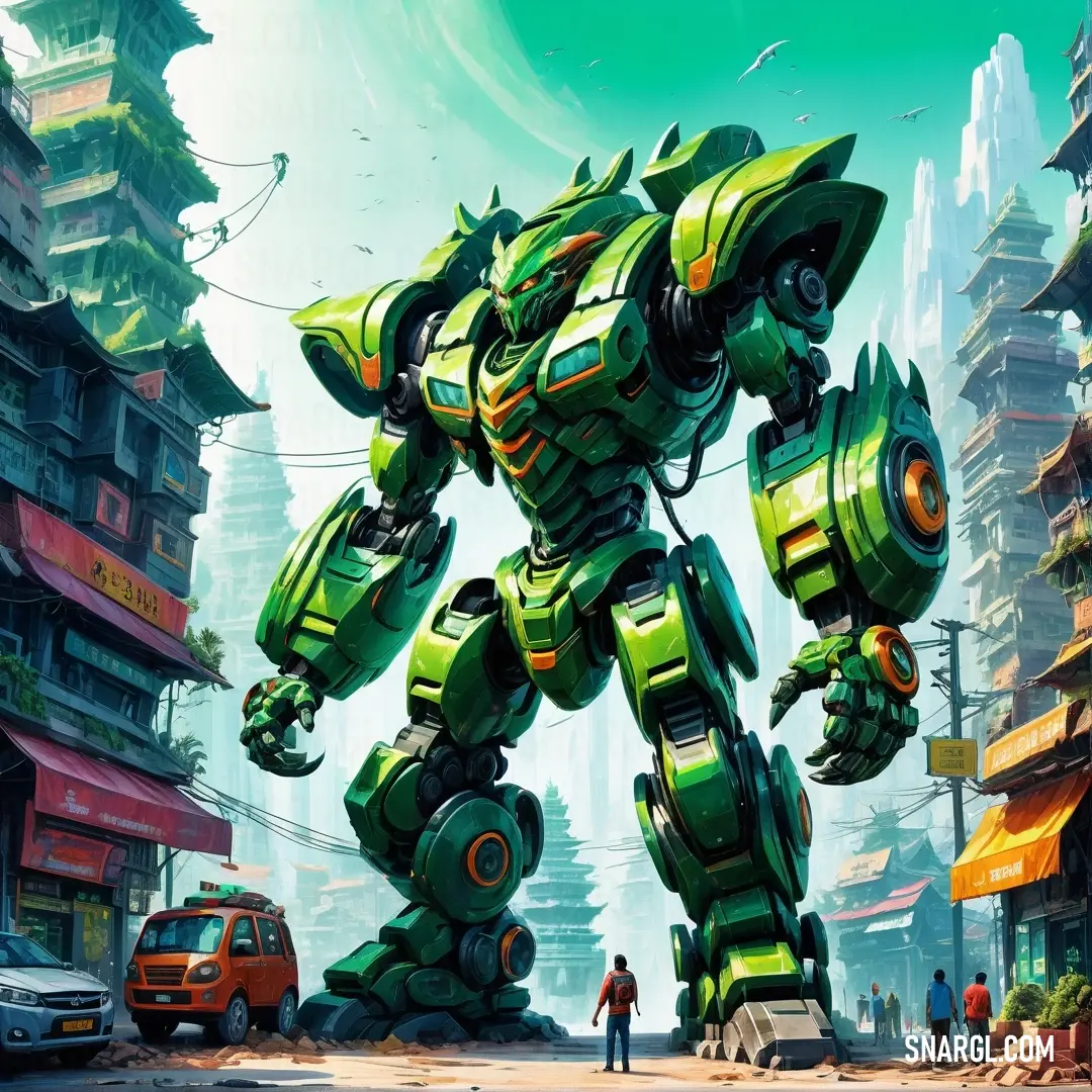 Green robot standing in a city next to a red car and a building with a green roof. Example of RGB 116,195,101 color.