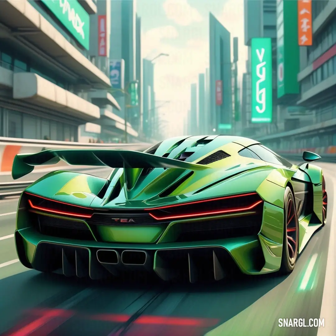 Green sports car driving down a city street in a futuristic style. Example of RGB 116,195,101 color.