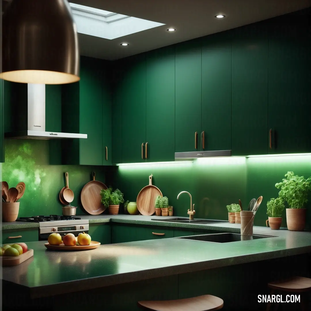 Kitchen with green cabinets and a green counter top with a bowl of fruit on it and a potted plant. Color RGB 116,195,101.