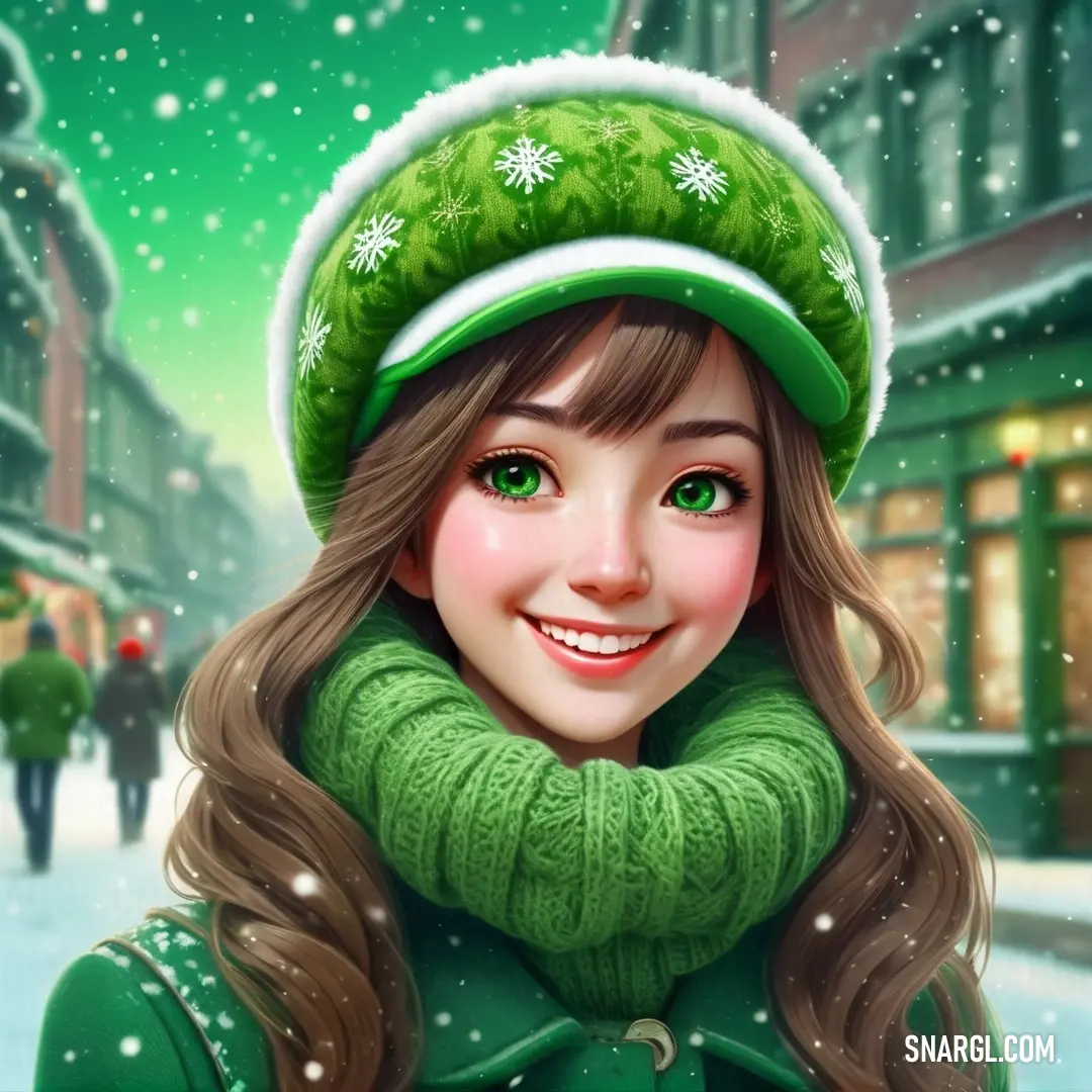Girl in a green hat and scarf in the snow with a green scarf around her neck. Example of #74C365 color.