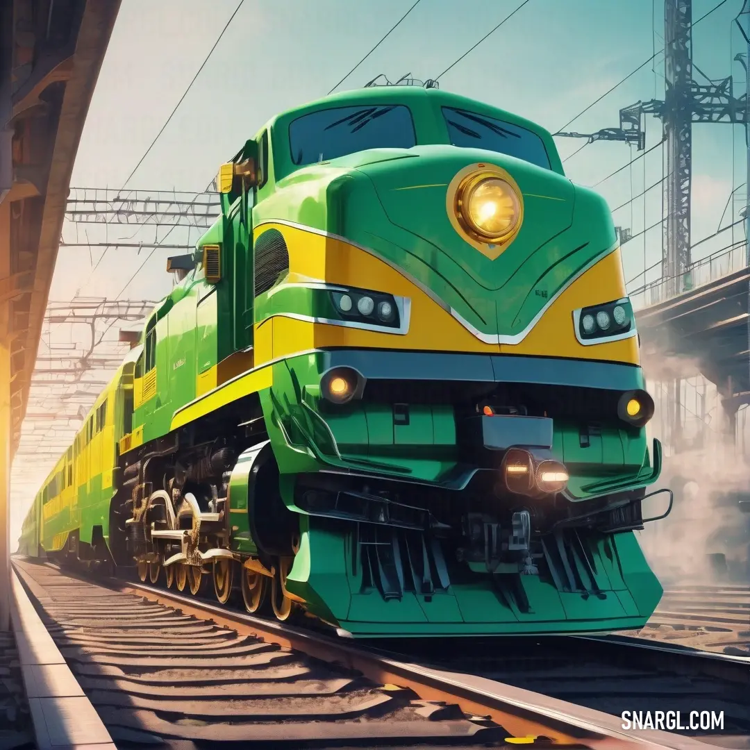 Green and yellow train traveling down train tracks next to a train station with a sky background. Example of RGB 116,195,101 color.