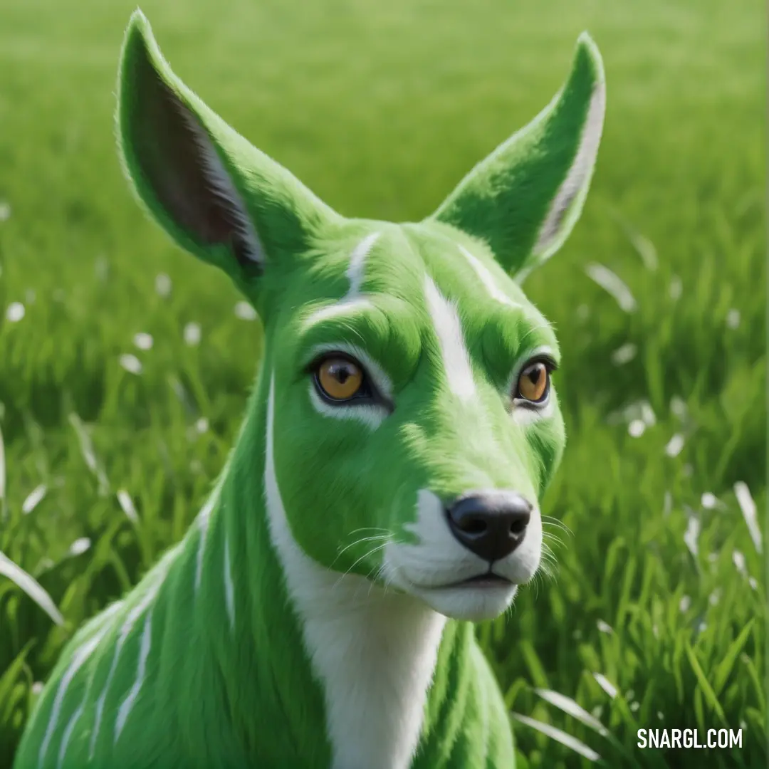 Green dog with white stripes on its face and ears is in a field of grass. Color RGB 116,195,101.