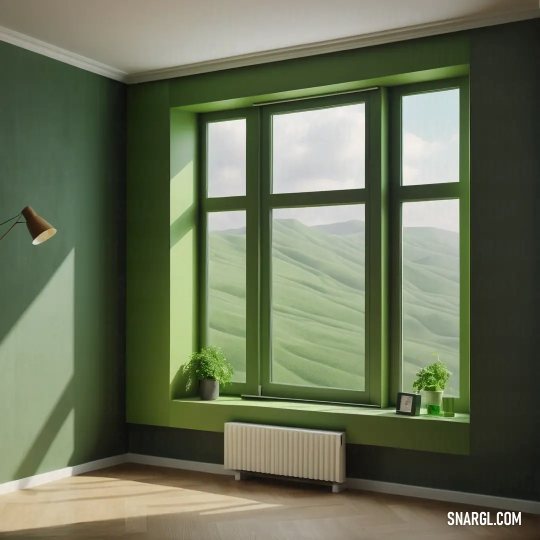 Mantis color. Room with a green wall and a window with a view of a rolling green hills outside of it