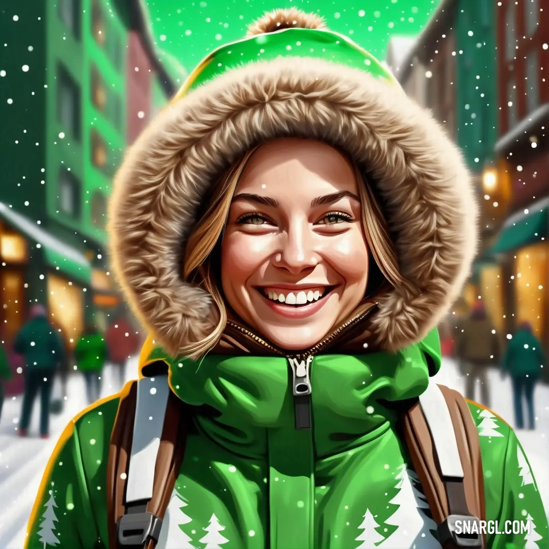 Woman in a green jacket and a green hat smiles at the camera while walking through the snow in a city. Example of RGB 116,195,101 color.