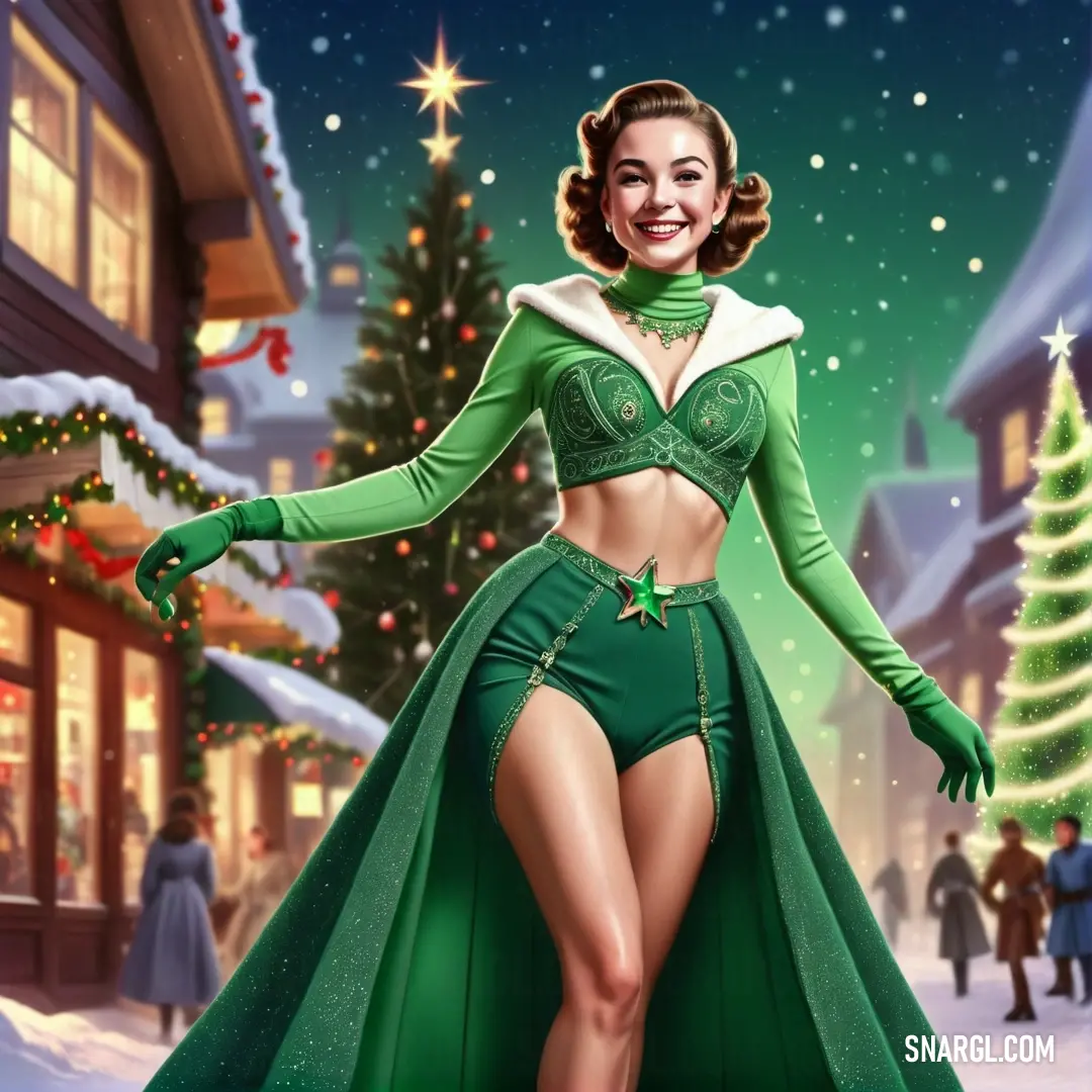 Woman in a green outfit and a christmas tree in the background. Color CMYK 41,0,48,24.