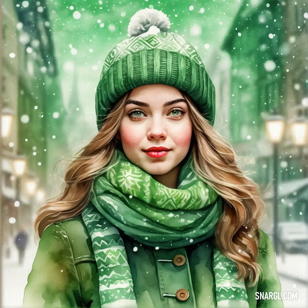 Woman wearing a green hat and scarf in the snow with a green scarf around her neck. Example of Mantis color.