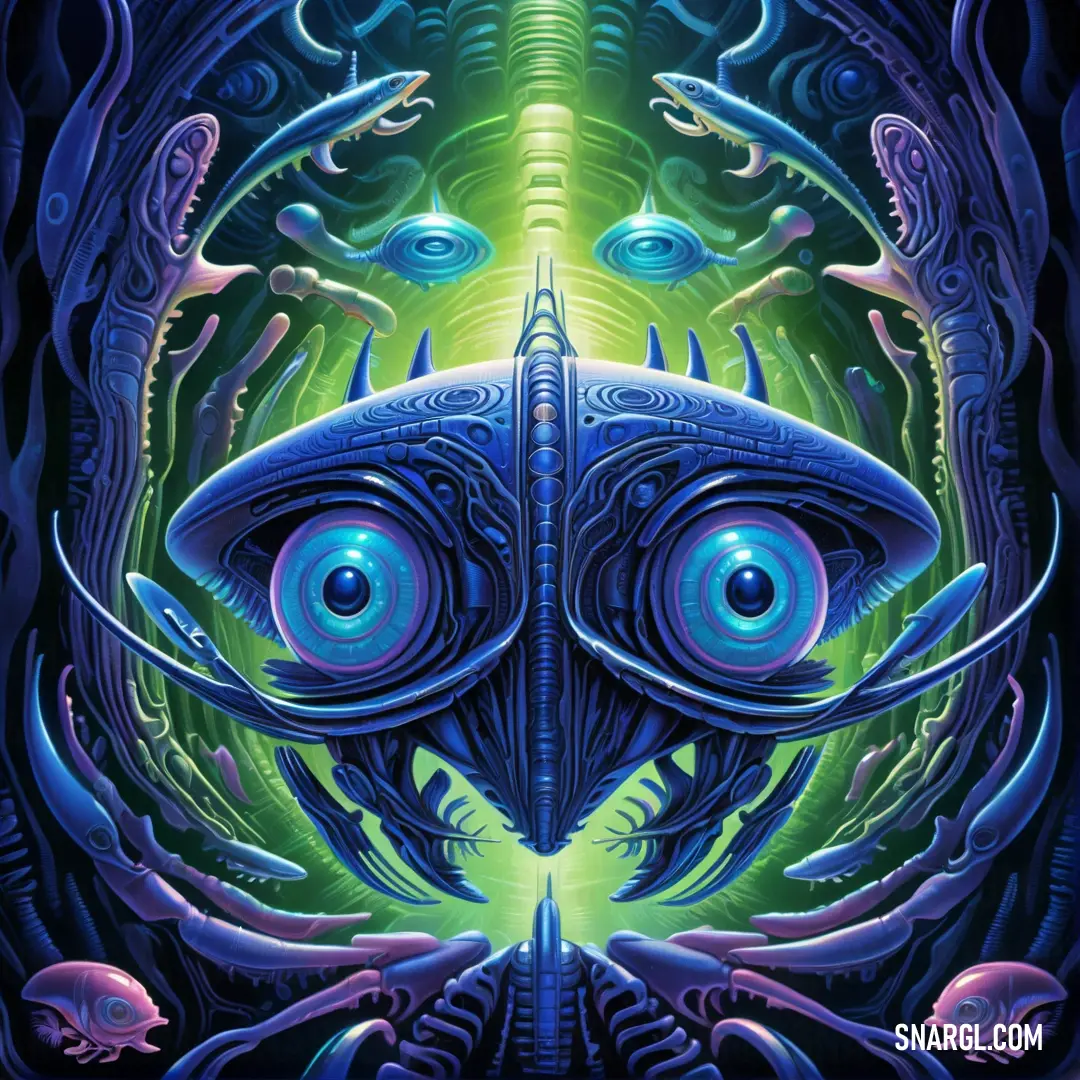 Painting of a blue alien with a large eye and a large head in the center of the image. Color CMYK 41,0,48,24.