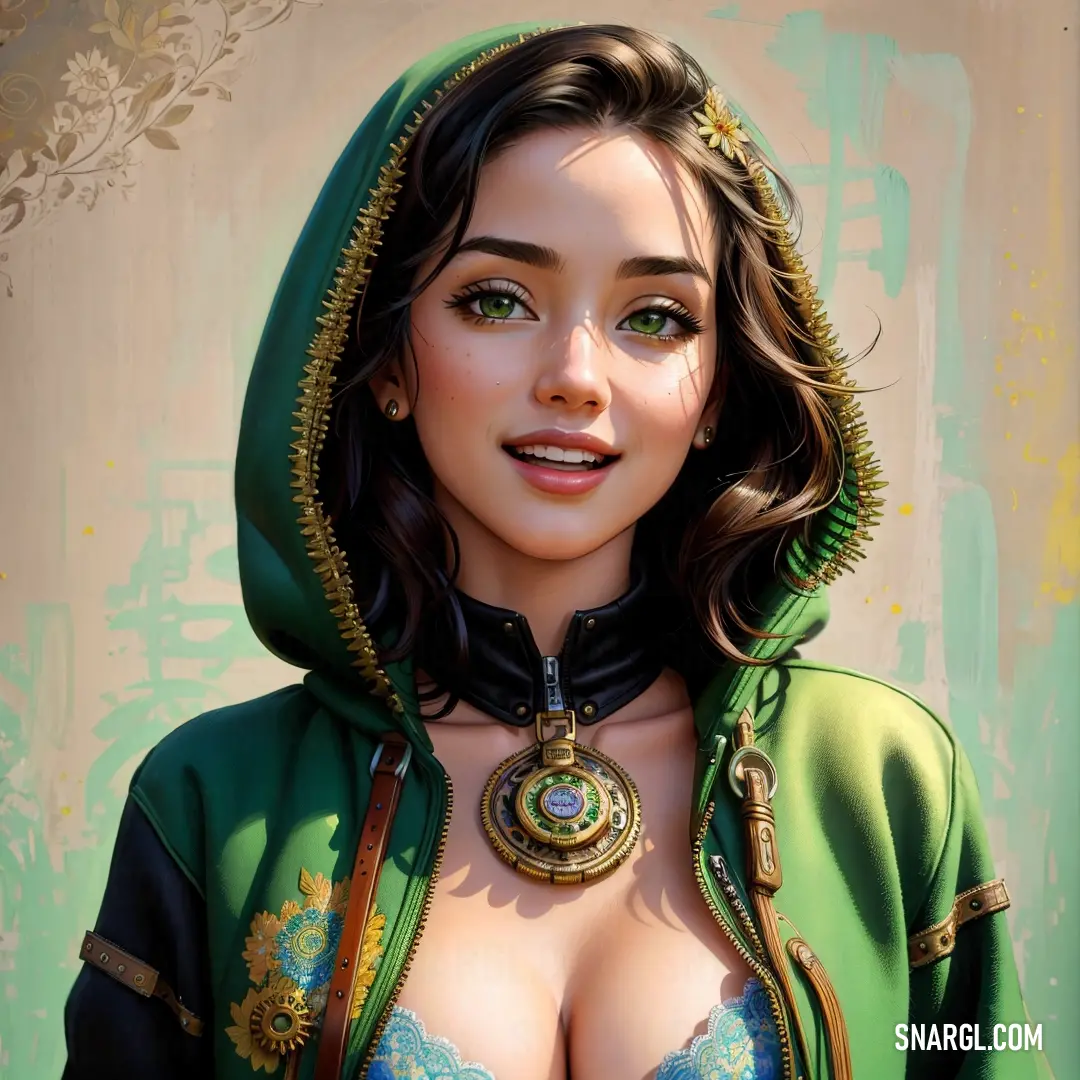 Painting of a woman with a green hoodie and a green jacket on her head