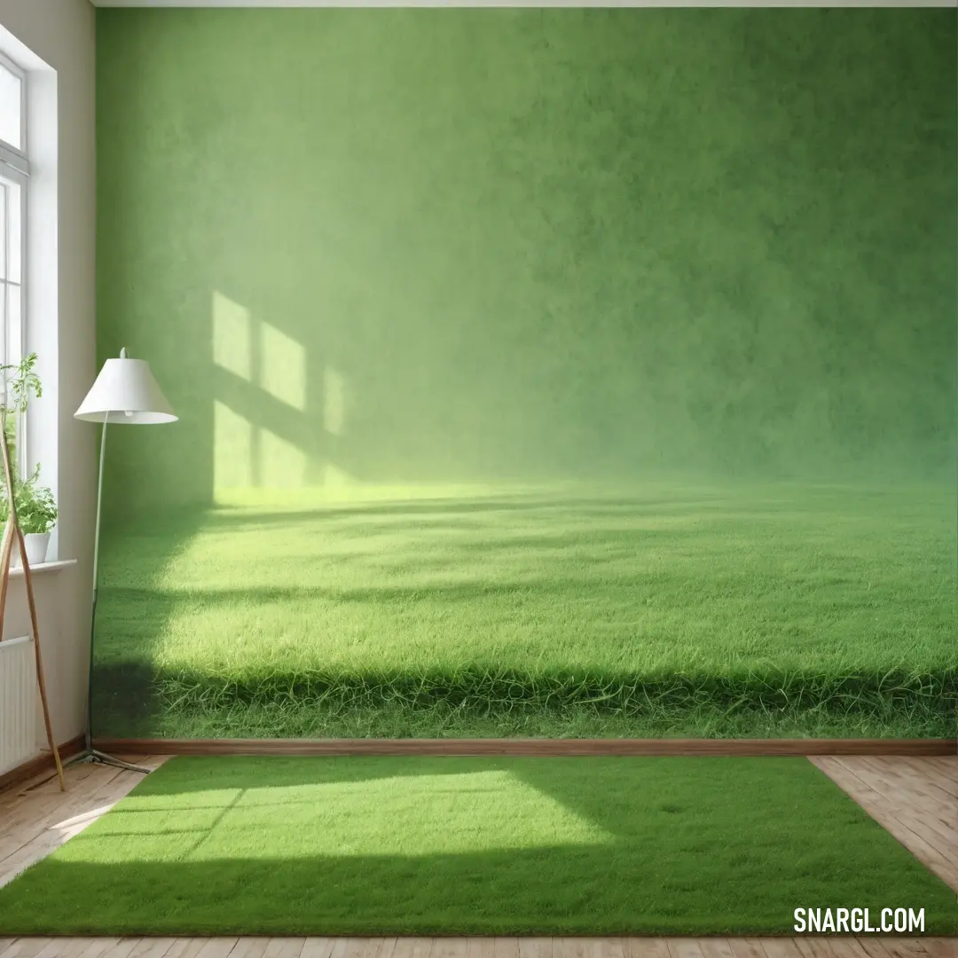 Room with a green wall and a green carpet and a lamp on a table and a window with a white curtain. Example of RGB 116,195,101 color.