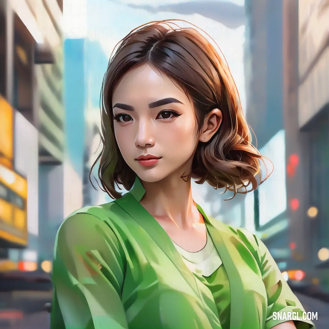 Woman in a green shirt is standing in a city street with a cityscape in the background. Example of CMYK 41,0,48,24 color.