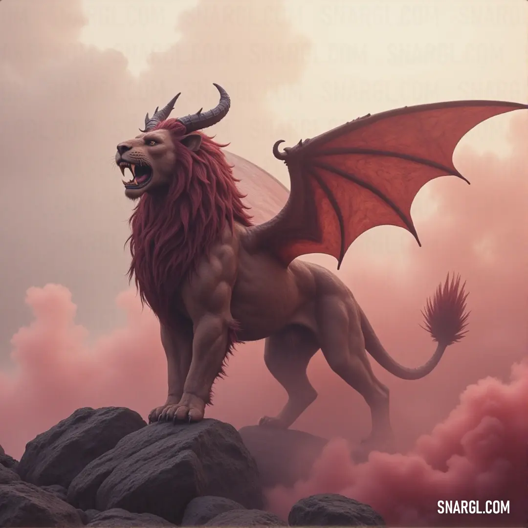A Red Mantorus with horns standing on a rock, smoke rising in the background against a stormy sky. A Red Mantorus stands atop a rocky outcrop, its horns raised high as smoke billows in the distance. The dramatic sky behind it enhances the creature’s fierce silhouette, creating a powerful image of dominance and strength.