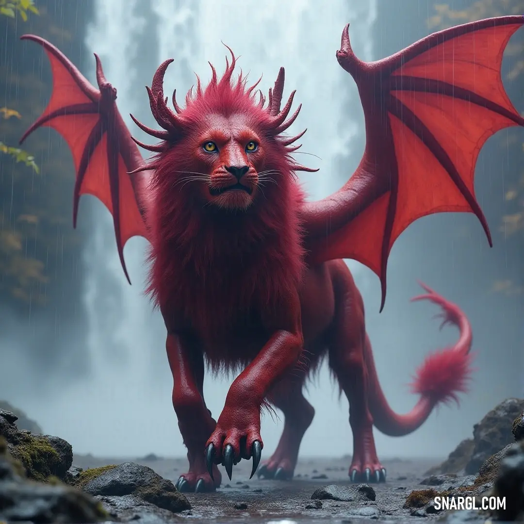 A fierce Red Mantyger, adorned with horns and claws, stands tall in front of a majestic waterfall, its muscular frame commanding attention as the water cascades behind it.
