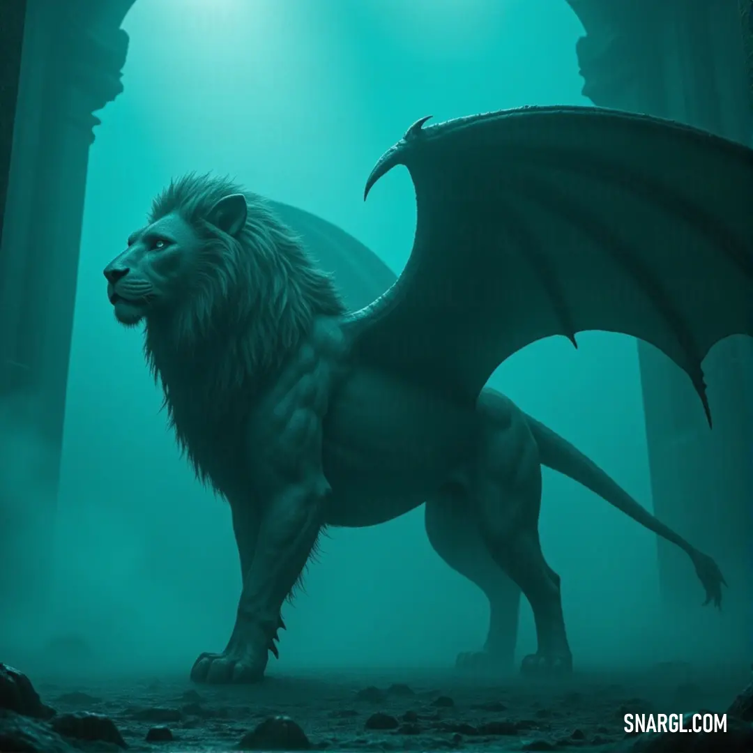 A powerful white lion standing in a dark room with a calming light blue hue in the background. A large, regal white lion stands in a dimly lit room, the cool light blue background casting a soft glow around its majestic form.