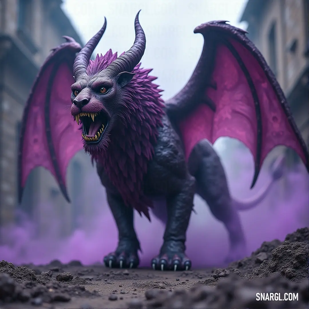 A fierce Purple Mantys, its body adorned with enormous horns and jagged fangs, stares down its prey from a rocky perch, a menacing figure in the wilds, radiating raw power and ancient strength.