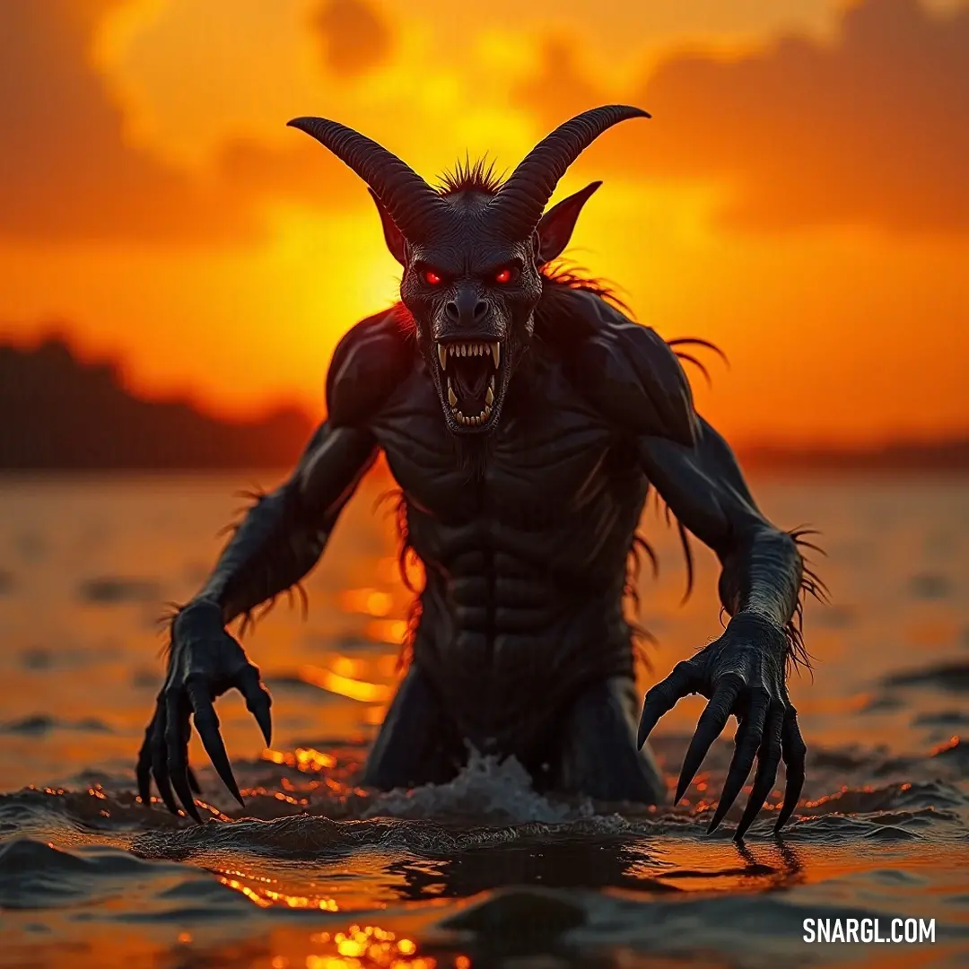 A Demonic Marbas rises from the water at sunset, an imposing presence with arms stretched wide, portrayed against a stunning backdrop of vibrant colors. At sunset, a formidable Marbas emerges from the water, arms wide open, mouth agape in a fierce roar, as the breathtaking colors of the sky reflect on its menacing figure.