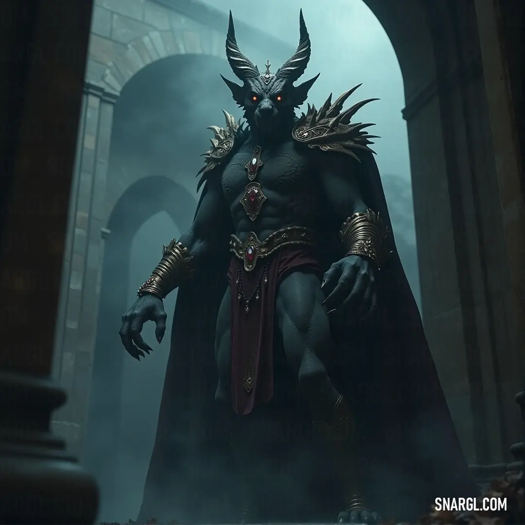 A Demonic Marble Guardian, masked and powerful, stands in the heart of a dark, eerie room. A demonic marble guardian looms in a darkened chamber, its eyes glowing as it wears a fierce marble mask, standing ominously among the shadows.