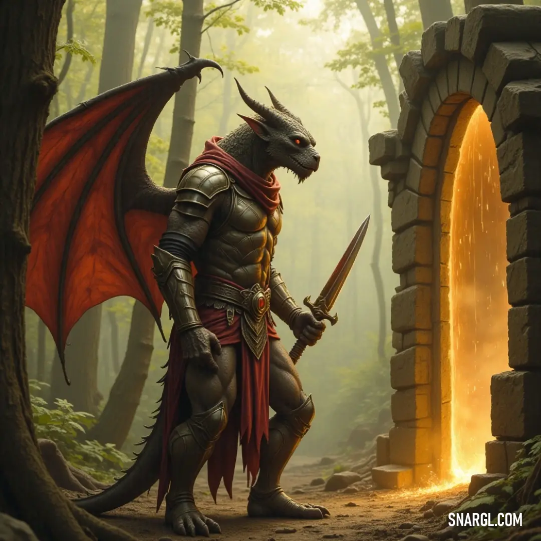 The Marbled Fiend, sword in hand, stands tall in a shadowy forest, beside a glowing doorway where flames burst forth, suggesting a dangerous journey into the unknown. The Marbled Fiend, armed with a sword, stands in a mysterious forest next to a glowing doorway. Flames flicker from the entrance, hinting at a world of fire and danger just beyond the threshold.