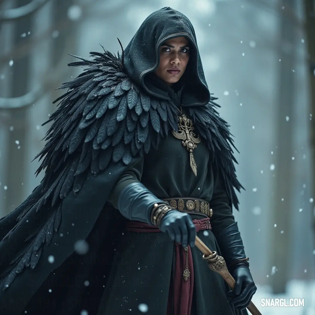 Dressed in black, a commanding figure stands confidently with a sword and intricately designed wings, exuding a captivating presence. A mysterious figure clad in dark attire stands tall, armed with a sword and adorned with magnificent wings, embodying an otherworldly essence of power and grace.