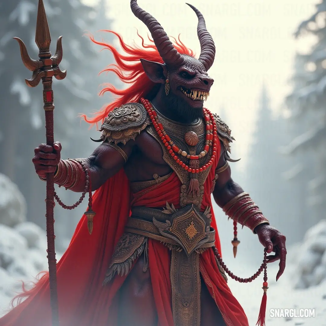 In a serene snowy forest, Marchosias emerges with fierce elegance, brandishing a staff and sword, his majestic horned attire embodying nature's beauty and the ferocity of winter. Marchosias, dressed in an intricate horned costume, grasps a staff and sword in a snowy forest, blending ferocity with grace. The pristine snow envelops him, creating a stunning scene of contrast and allure.