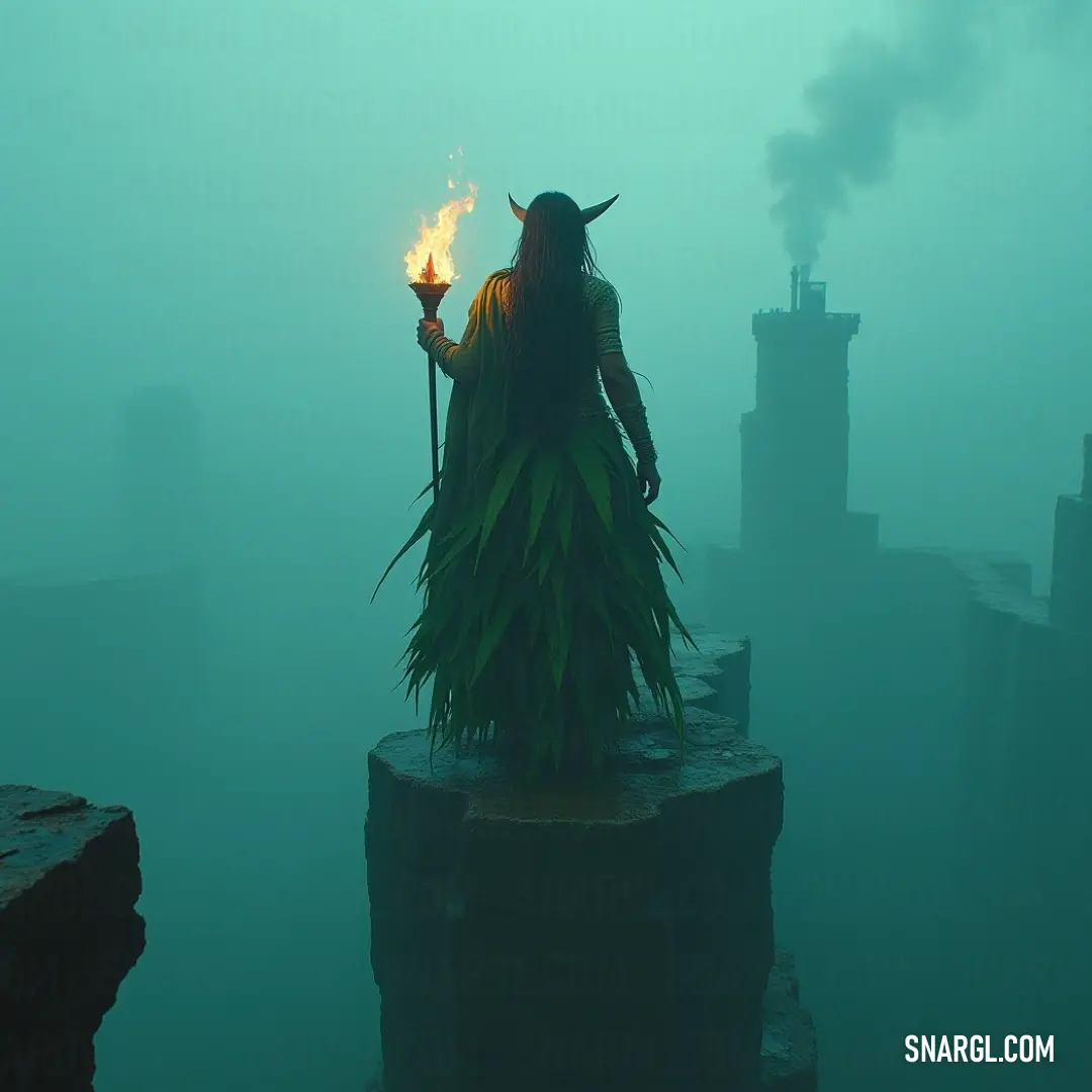 Marchosias, with his captivating horned visage, balances a lit candle in an atmospheric fog, creating an aura of mystery that beckons adventure and exploration into the unknown. Marchosias, with his imposing horned head, holds a lit candle while standing on a foggy cliff, casting an ethereal glow in the mist. His features evoke a blend of mystery and intrigue, beckoning the viewer closer.