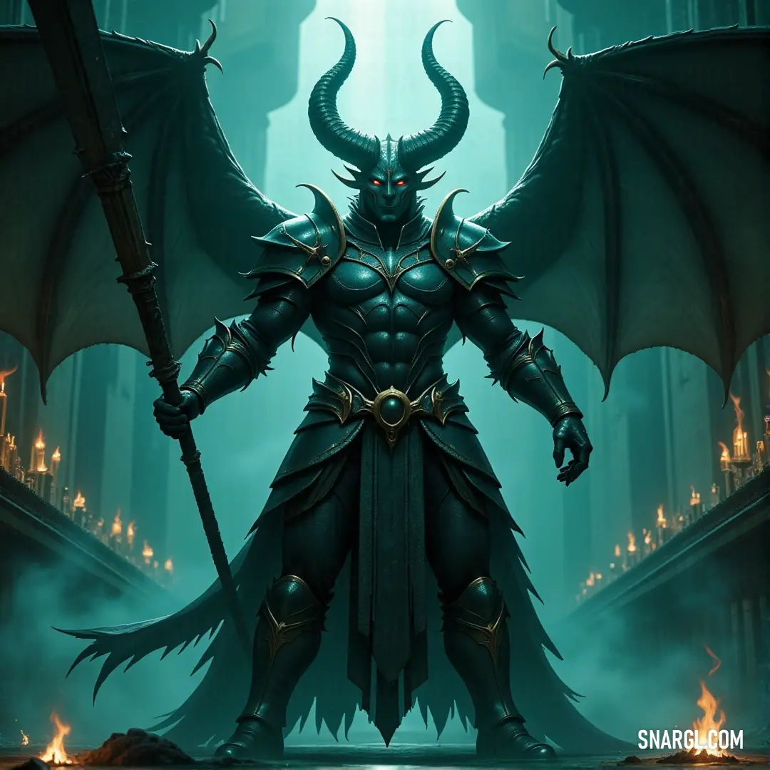 Marchosias, a demonic figure, grips his sword while standing amidst a fiery, decaying cityscape, flames flickering around him as he surveys the chaos. A demon warrior, Marchosias, stands tall in the midst of a ruined city, sword raised high. Flames dance on the ground, and the atmosphere crackles with intense heat. His eyes burn with determination as destruction surrounds him.