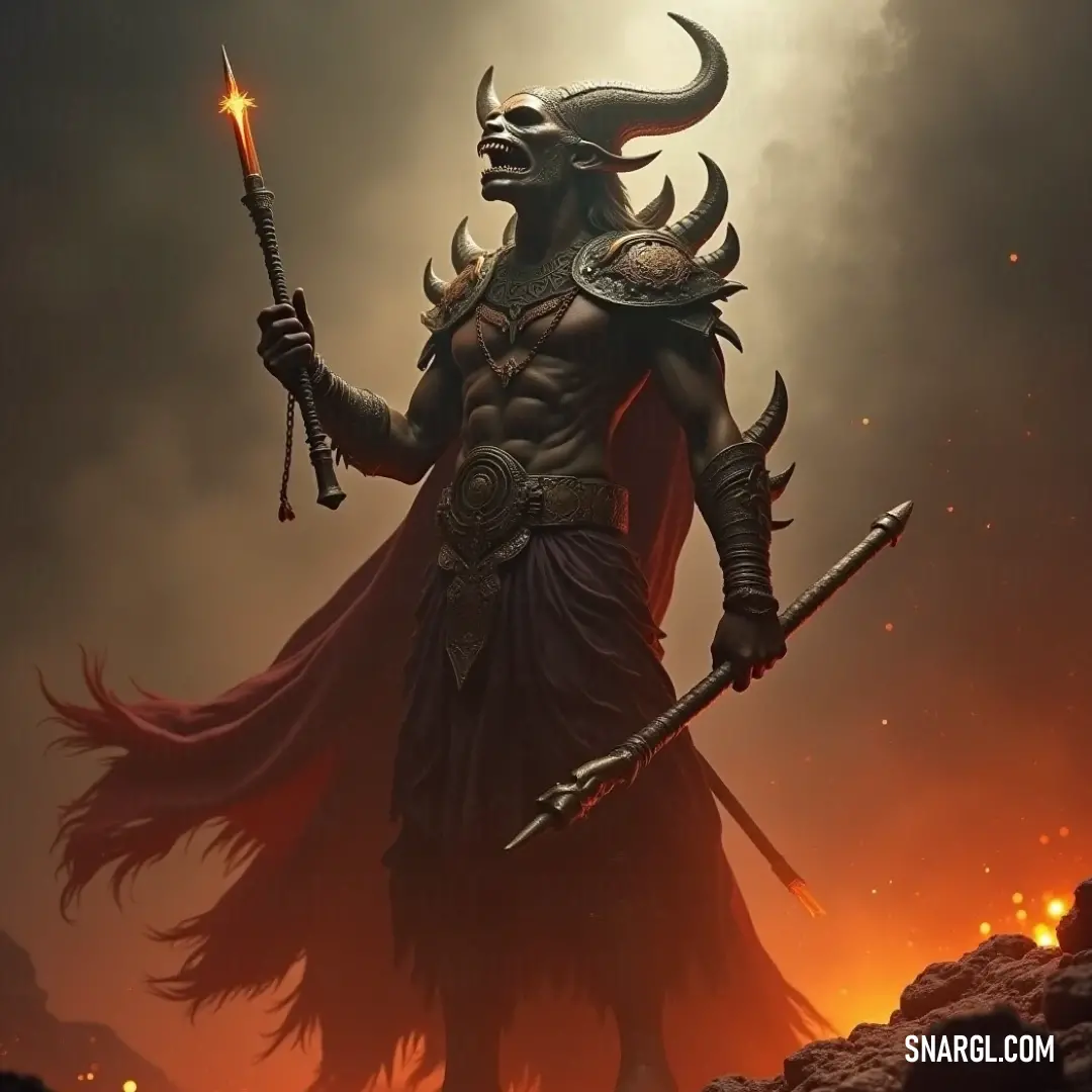 Marchosias stands boldly in an inferno of flames, his sword held firm and horns proudly displayed, representing the fierce spirit of fire in a dramatic and dangerously enchanting landscape filled with heat. With a strikingly fearsome appearance, Marchosias stands in a field of flames, his horns prominent and sword drawn, embodying a fierce guardian of fire and passion in an entirely engulfed world of heat and destruction.