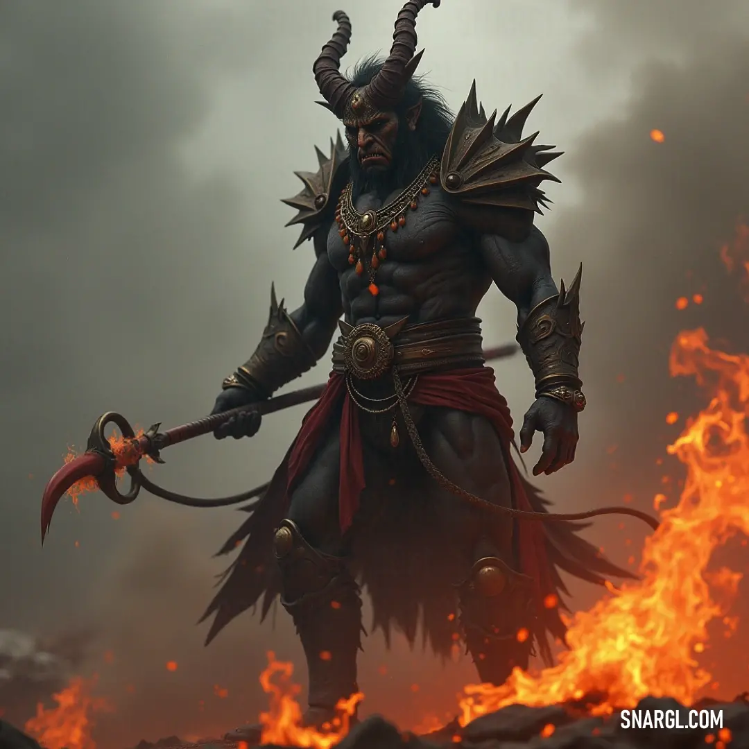 Marchosias, complete with impressive horns, stands defiantly with a sword in front of a tumultuous sky infused with fiery colors, evoking a sense of urgency and raw power in a world on the brink of chaos. Marchosias, adorned with majestic horns, fiercely brandishes a sword as he stands in front of a dramatic sky painted in fiery hues of red and orange, clouds swirling ominously, hinting at chaos and power above.