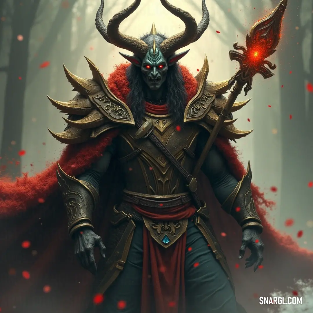 Fierce figure with horns holds a glowing red light, illuminating the shadows around him and revealing his powerful, commanding presence. Marcus, bearing fierce horns and an imposing visage, holds a radiant red light in his hand, casting a glow that illuminates the dark space around him, revealing his formidable presence.