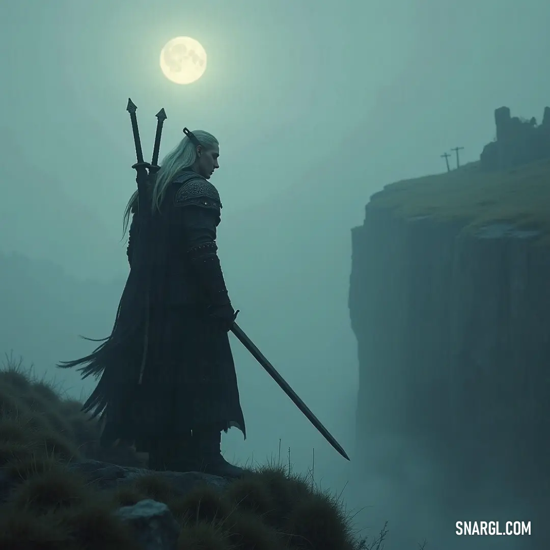 A valiant knight stands on a fog-covered hill under the glow of a full moon, embodying courage and the spirit of adventure against the backdrop of a starry night. A courageous knight stands confidently on a misty hill, sword in hand, while a majestic full moon illuminates the night sky, creating a mystical atmosphere full of legend and bravery.