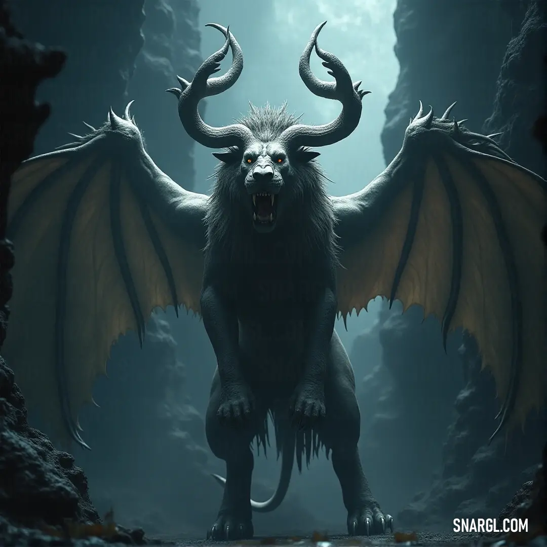 The fearsome Mardikhor, adorned with colossal horns, stands in a dark cave, its presence dominating the shadows and creating an air of mystery. Mardikhor, a beast with enormous horns and a towering form, stands in the dark recesses of a cave. The eerie glow of distant light adds to the mysterious and ominous aura surrounding it.