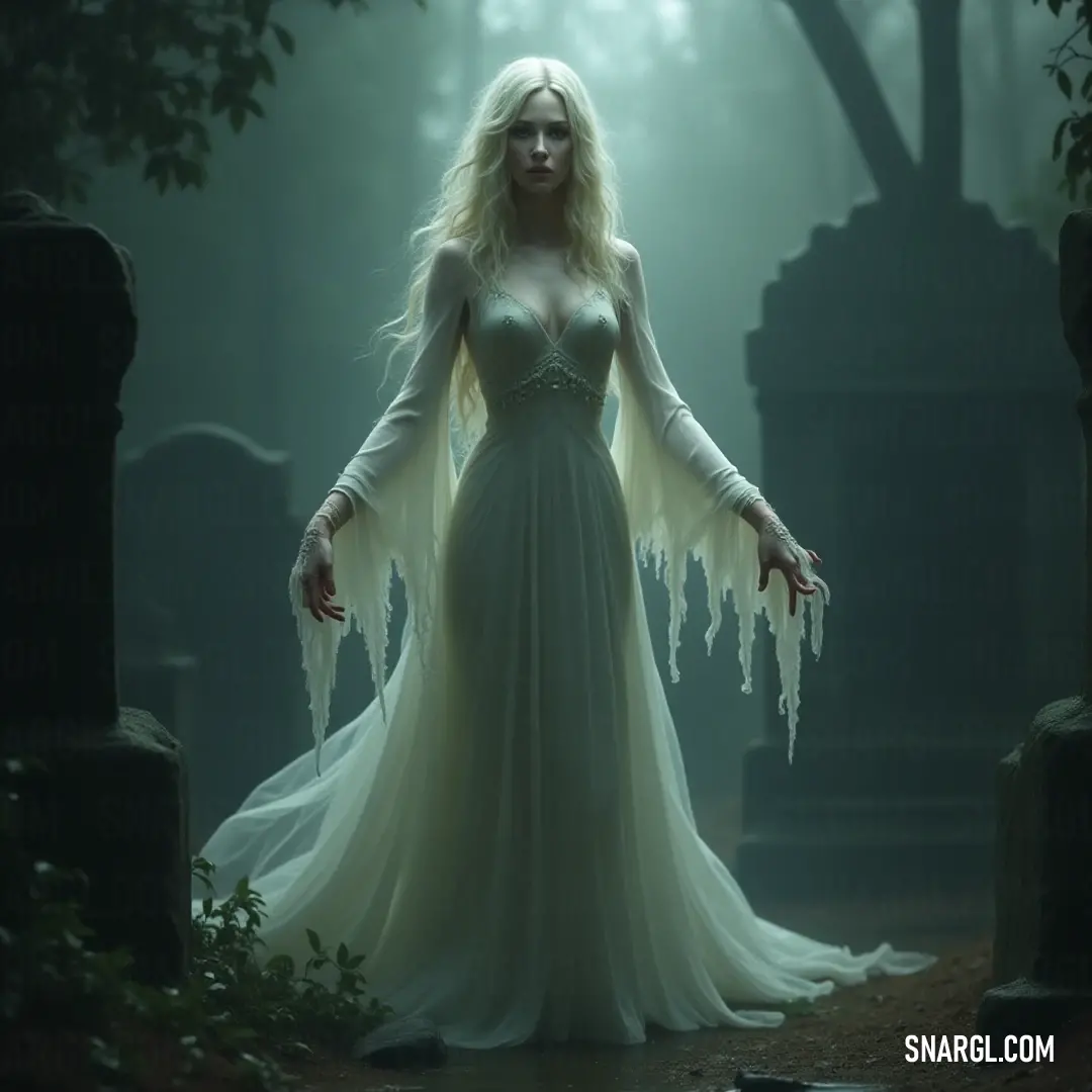 With ethereal grace, Marella stands in a cemetery, her white dress mingling with the spectral whispers of her ghostly adornment in a striking balance of beauty and sorrow. Marella gazes thoughtfully in a cemetery, her hauntingly beautiful white dress contrasted by the ghost costume draped over her shoulders, evoking an aura of ethereal melancholy.