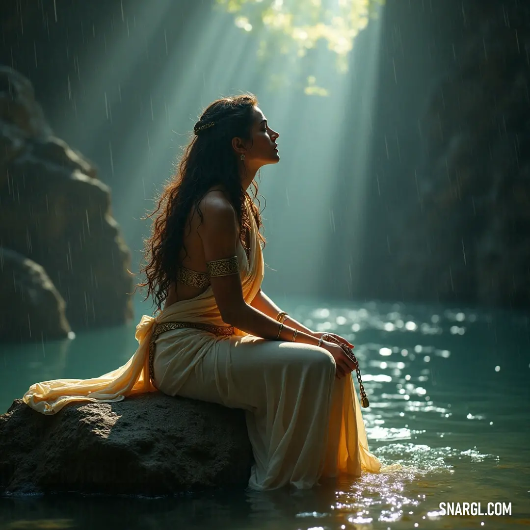 A radiant figure on a rock, illuminated by a magical beam of light in tranquil waters. A radiant figure rests on a rock in tranquil waters, bathed in an ethereal light that shines down, creating an atmosphere of magic and wonder.