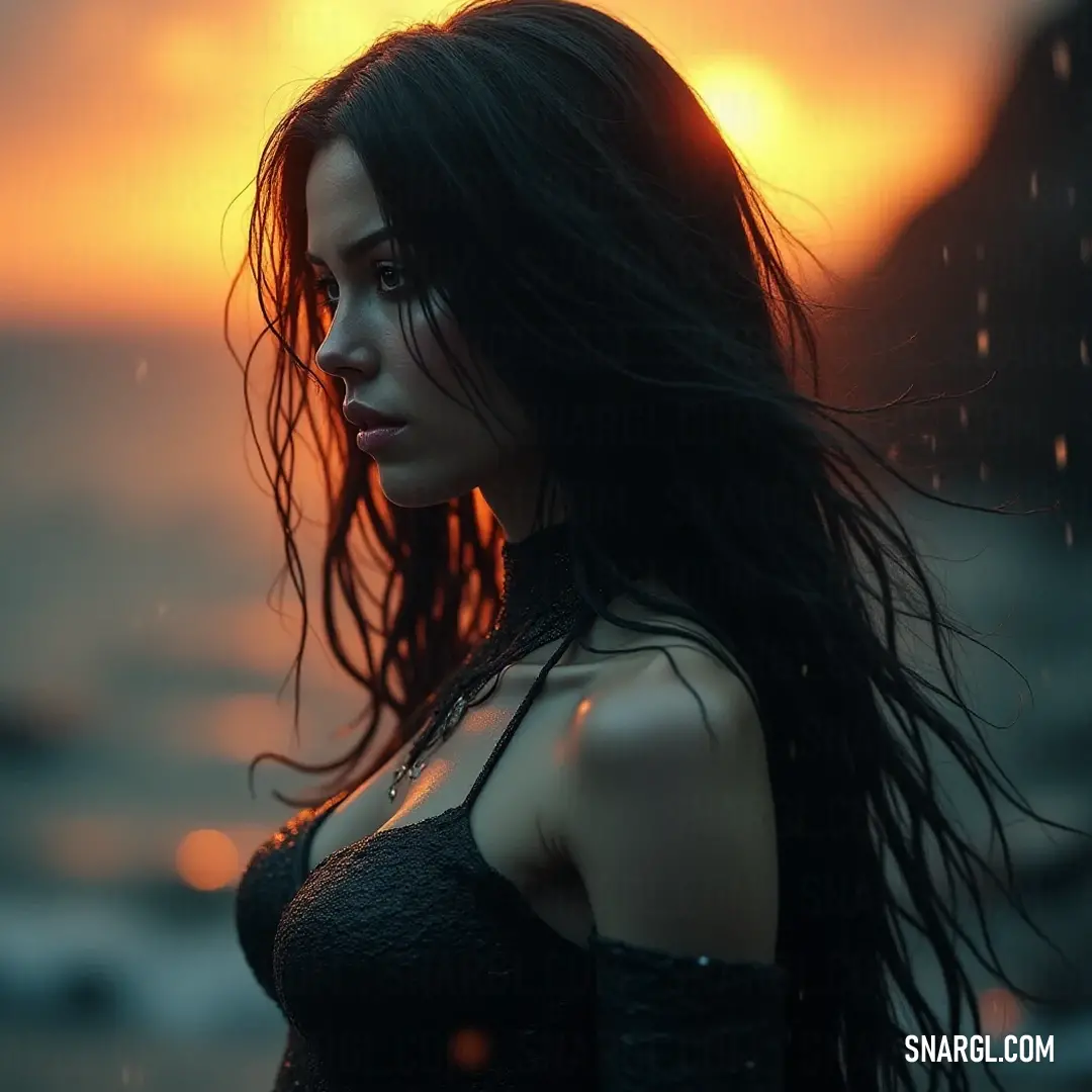 A stunning young woman with long hair stands elegantly in the rain at sunset, as golden rays illuminate her figure and droplets dance around her, embodying grace amidst the elements. A striking image captures a young woman with long hair gracefully standing in the rain at sunset, her hair blowing in the wind, as golden hues of the sun illuminate the raindrops around her, creating a mesmerizing scene of elegance and freedom.
