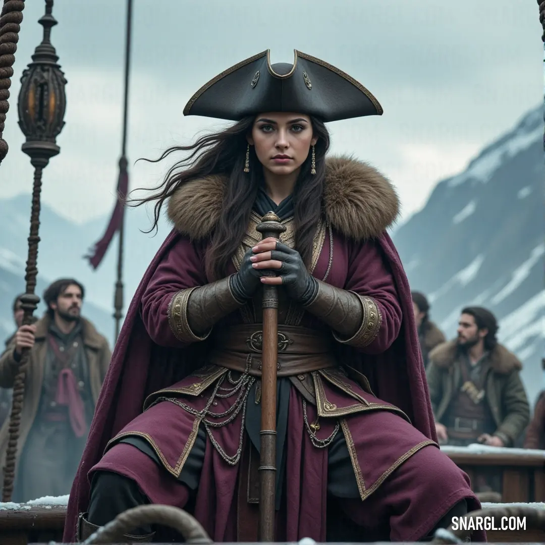 A pirate woman wielding a sword stands defiantly in front of her loyal crew aboard a ship, preparing for the next adventure. A fierce pirate woman dressed in a battle-ready costume, sword in hand, standing proudly in front of a group of rugged men on the deck of a pirate ship. The crew watches her with respect, ready to sail into dangerous waters.