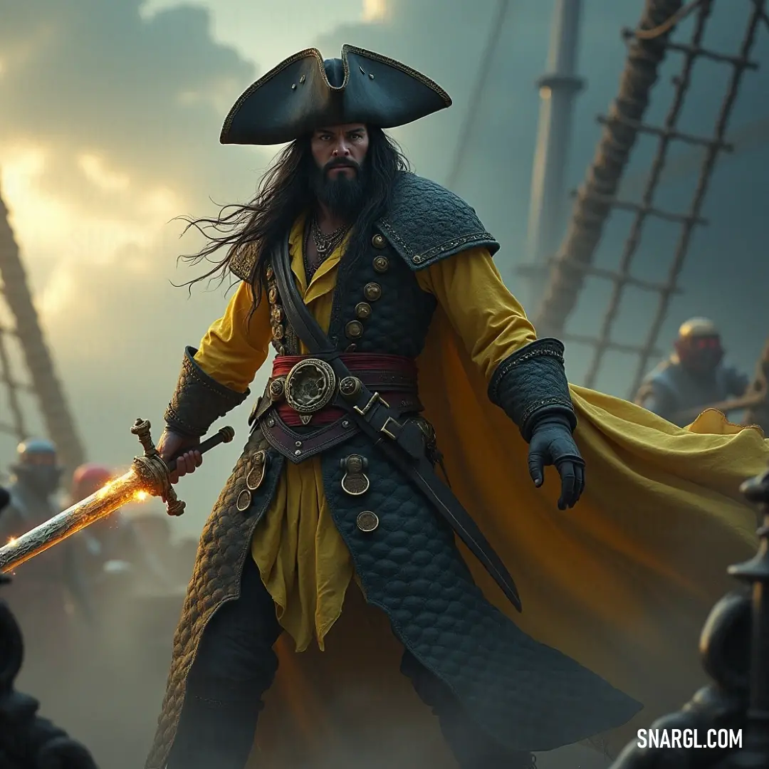 A pirate stands confidently on the deck of a ship, gripping a sword in one hand, gazing into the horizon. The sea around the ship is calm, and the sky above is vast and open, offering a sense of freedom.