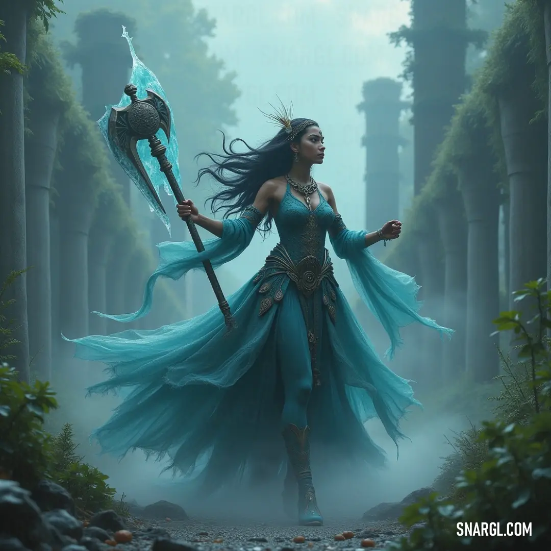 A regal Marid in a flowing blue dress, wielding a spear with a striking blue cape, radiates strength and elegance in a magical atmosphere. A majestic Marid clad in a stunning blue dress, exuding power and grace, brandishes a shimmering spear while a flowing blue cape gently billows in the air, hinting at a mysterious aura around her.