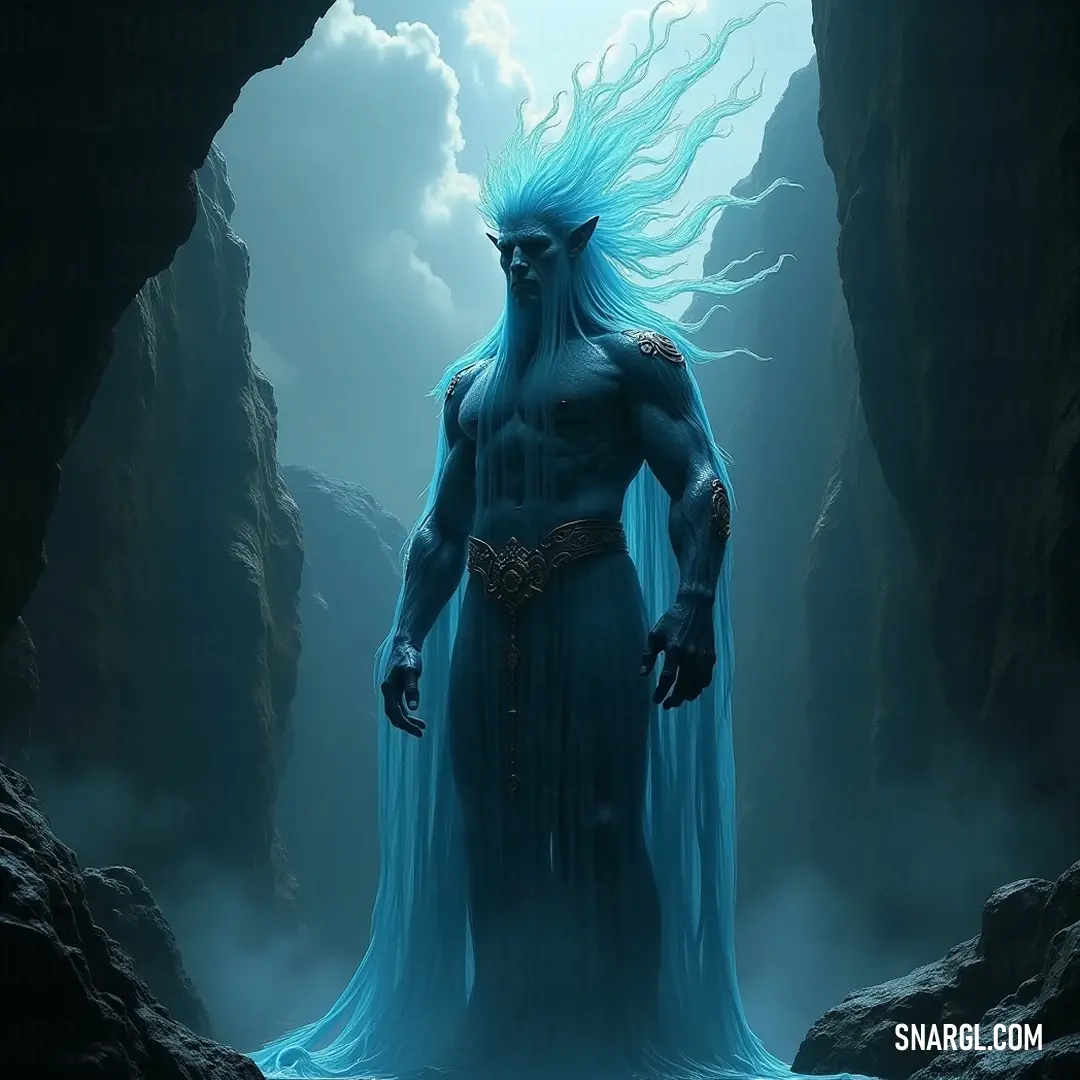 Captivating Marid in a mystic cave, adorned with flowing blue hair and an elegant garment, embodying ancient secrets. A captivating Marid stands confidently within a mystic cave, its blue hair flowing like water, draped in an elegant light blue garment, embodying the spirit of the cave with a mesmerizing presence that hints at ancient secrets and tales.