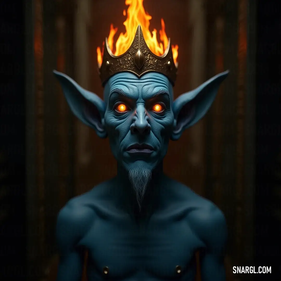 A captivating spirit exudes ethereal power with its blue visage and crown, surrounded by swirling flames that create a dramatic visual symphony of enchantment and strength. A striking figure with a vibrant blue face adorned with a golden crown stands amidst a cascade of flames, symbolizing a powerful spirit surrounded by an atmosphere of intensity and majesty.