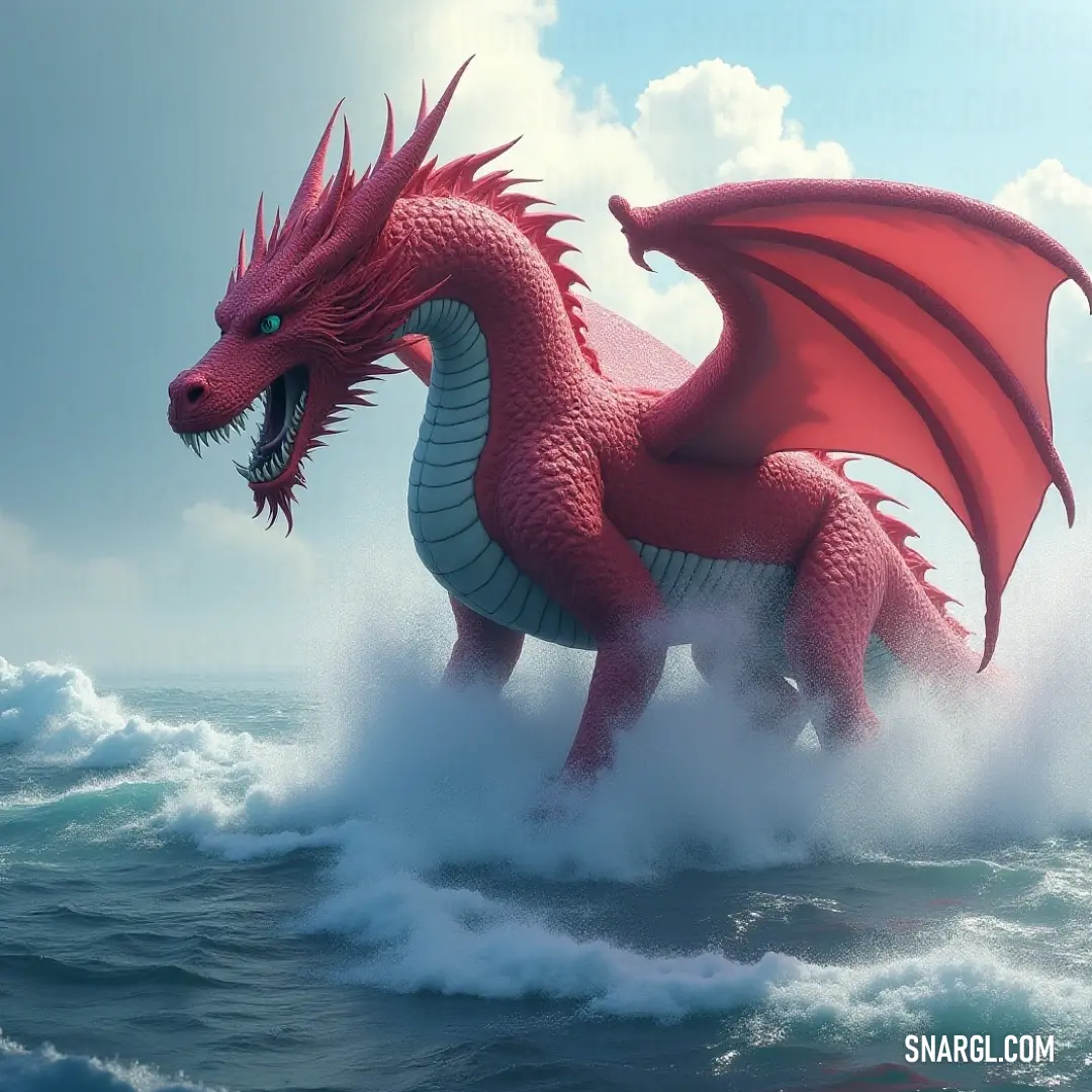 A dazzling Red Marine Basilisk surges through the ocean waves, its colors alive with vibrance against the dramatic sky, embodying the excitement and beauty of aquatic adventures. A vibrant Red Marine Basilisk gracefully rides a towering wave, its vivid colors striking against the ever-changing ocean, while the sky serves as a luminous canvas, illustrating the thrill of motion in nature's playground.