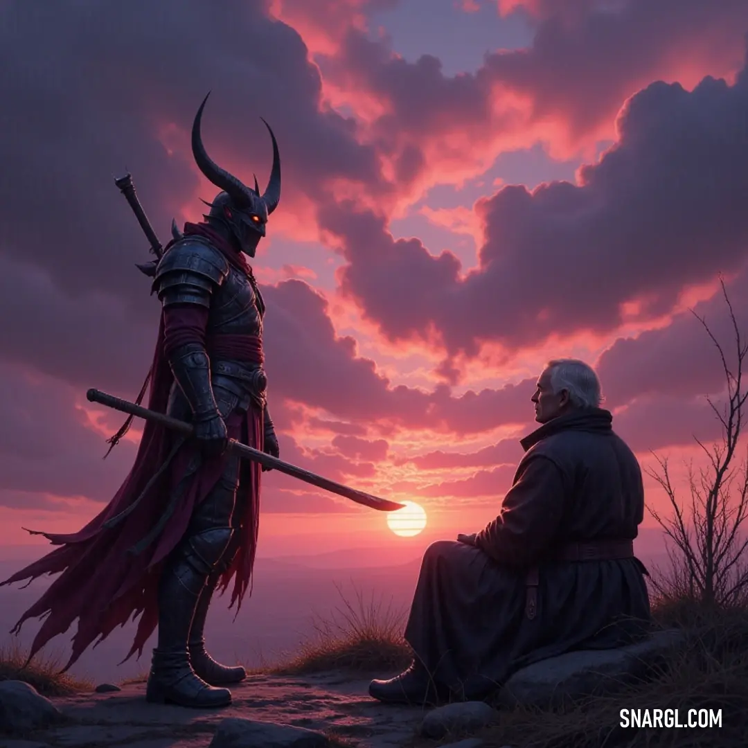 Two figures named Marius, one in a horned costume, the other in a long dress, stand on a hill with swords in hand, facing the horizon. Two figures, each named Marius, stand together on a hill. One wears a horned costume, while the other dons a long dress, a sword in hand. The wind whispers as they gaze across the landscape, their bond unspoken yet strong.