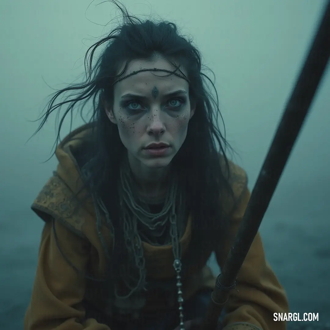 An awe-inspiring scene of a determined warrior brandishing a sword, shrouded in mystical fog that enhances her fierce yet ethereal presence in the dimly lit environment. A fierce warrior stands with long hair flowing, holding a sword aloft in an ethereal fog, where the mist swirls like whispers around her, hinting at the stories that lie within the haze.