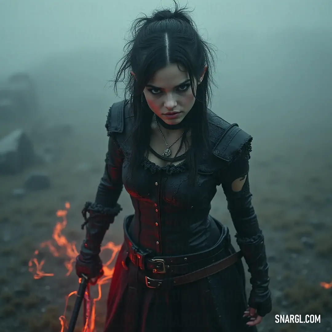 A striking image of a warrior in a dark dress, poised amidst a fiery field, her countenance fierce, against a backdrop of swirling fog and glowing flames. A formidable figure dressed in a flowing black dress stands defiantly in a field, a dramatic backdrop of flames illuminating her fierce expression and casting surreal shadows against a fog-laden sky.