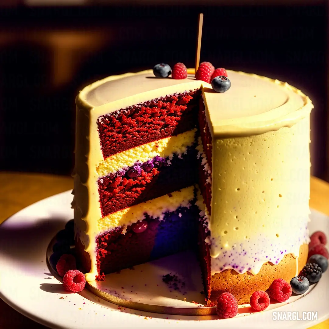 Cake with a slice missing from it on a plate with berries and blueberries on the side of it