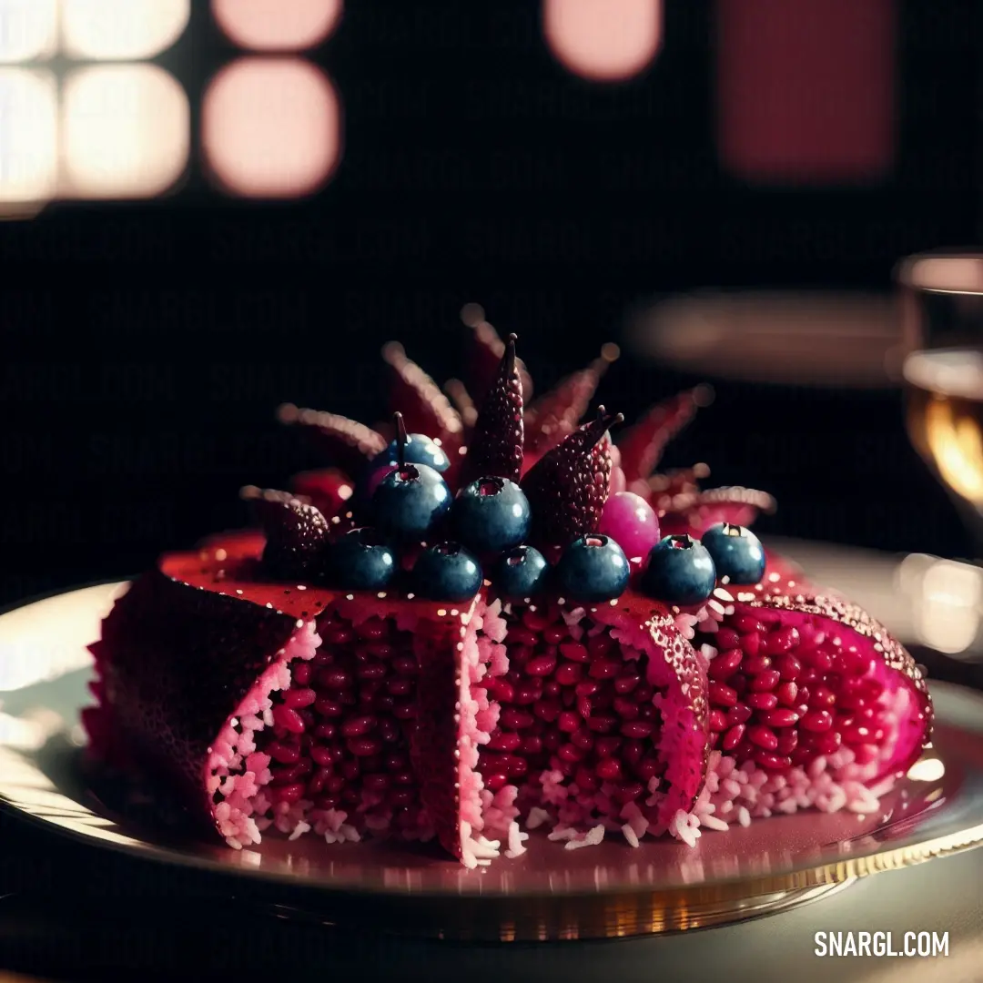 Cake with blueberries and berries on a plate with a glass of wine in the background