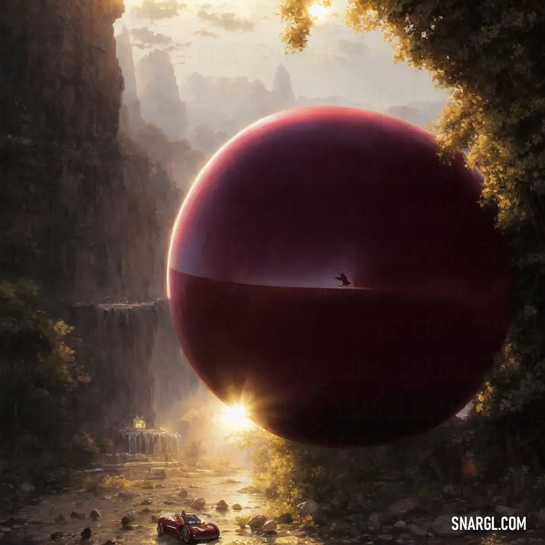 Giant red ball floating over a river next to a forest filled with trees and rocks on a cloudy day